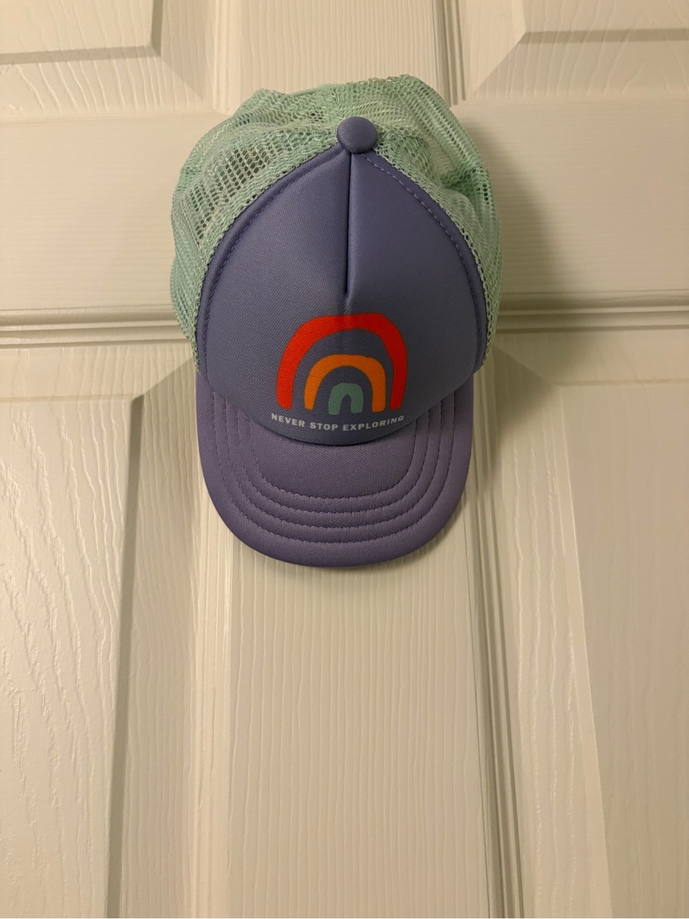 The North Face Kids Lavender and Mint Trucker Hat with Rainbow